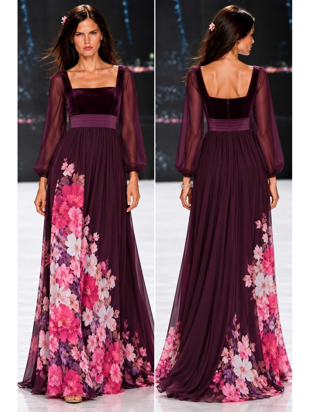 $990 Badgley Mischka Deep Plum Floral Chiffon Long Sleeve Maxi Formal Gown Sz 4